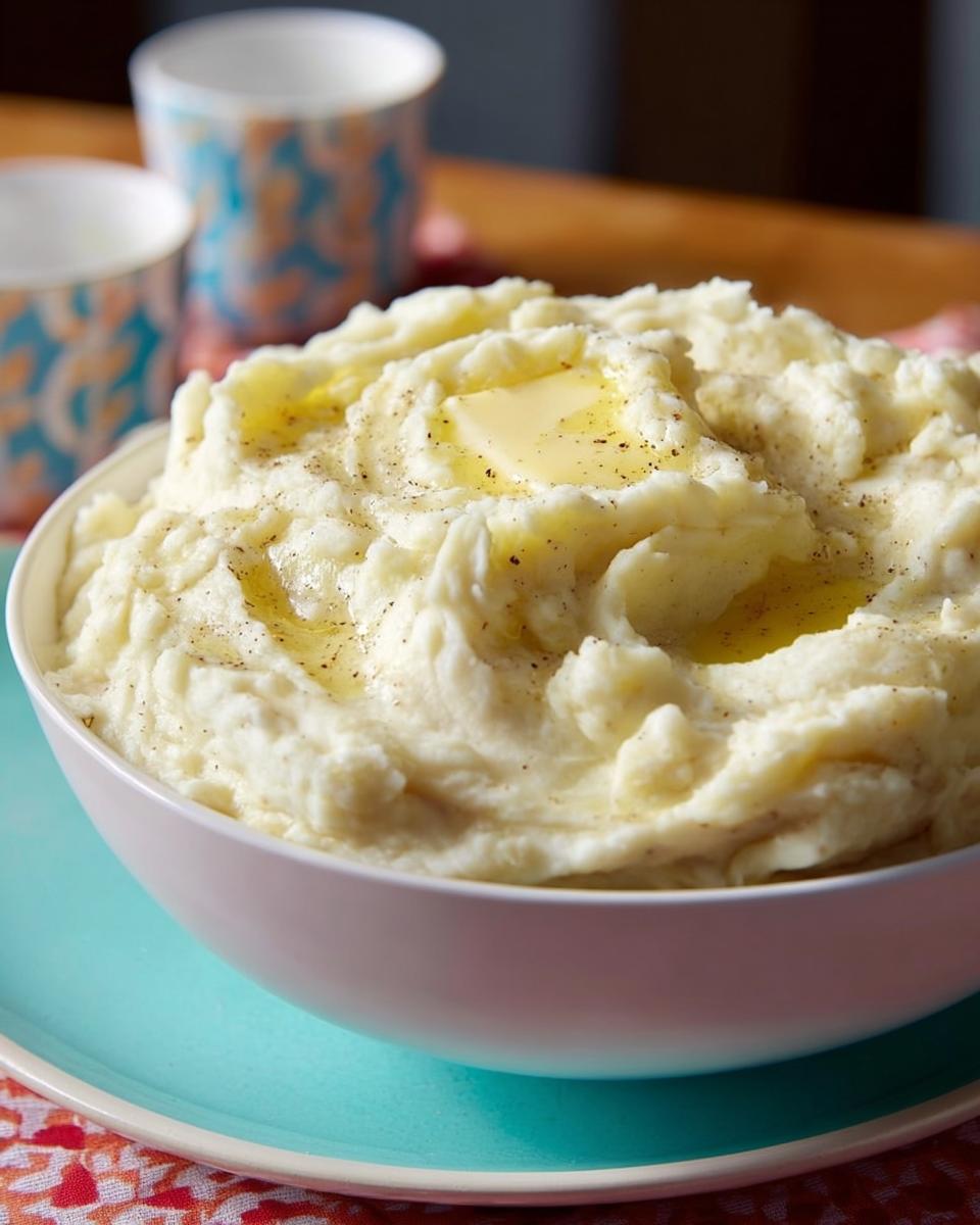 A bowl of creamy restaurant-style mashed potatoes topped with melting butter and black pepper.