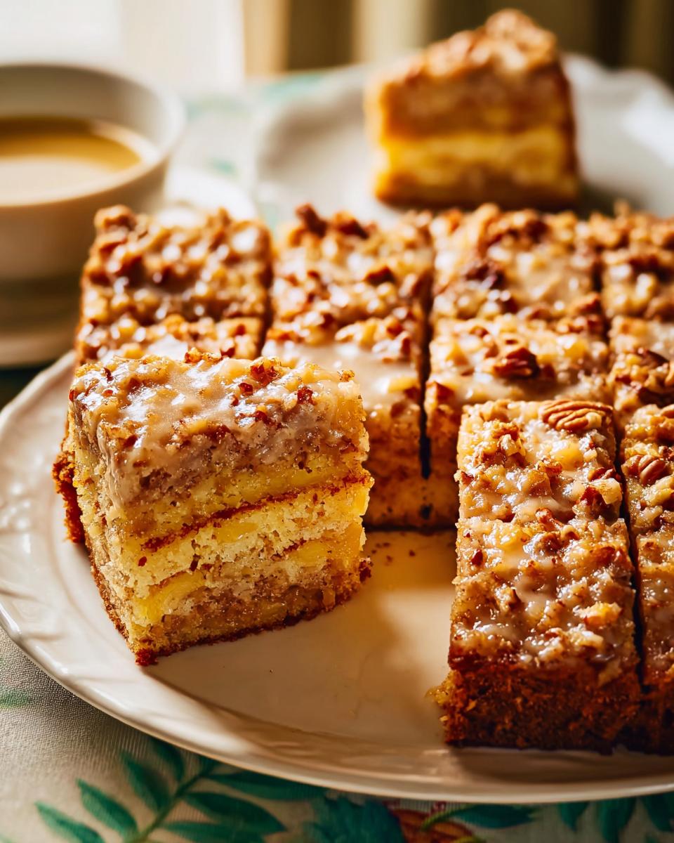 Close-up of restaurant-style pecan streusel cake slices, layered with frosting and nuts, perfect for home baking.