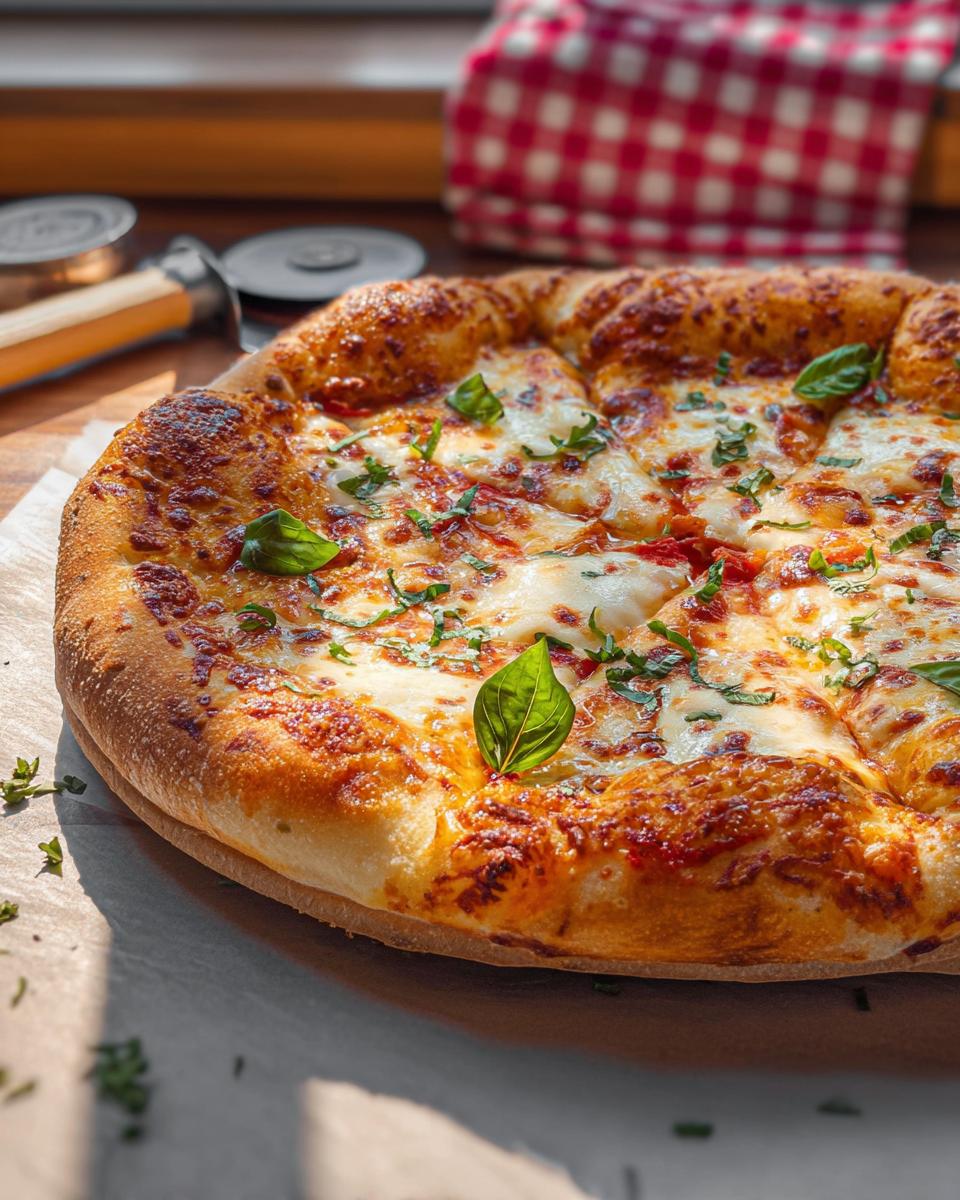 A delicious, freshly baked Margherita pizza with melted cheese and basil, perfect for restaurant-style pizza night recipes at home.