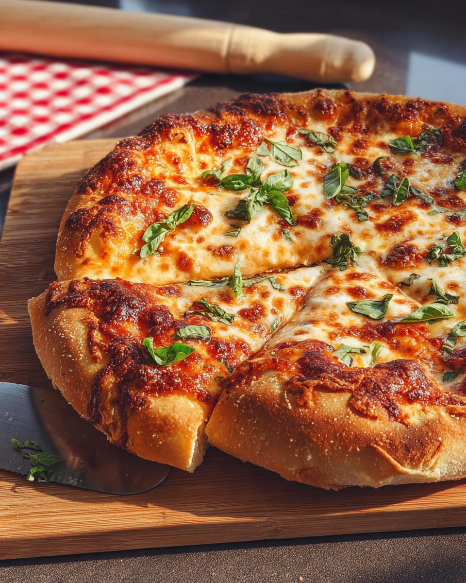A delicious, freshly baked restaurant-style pizza with melted cheese and basil, perfect for pizza night at home.