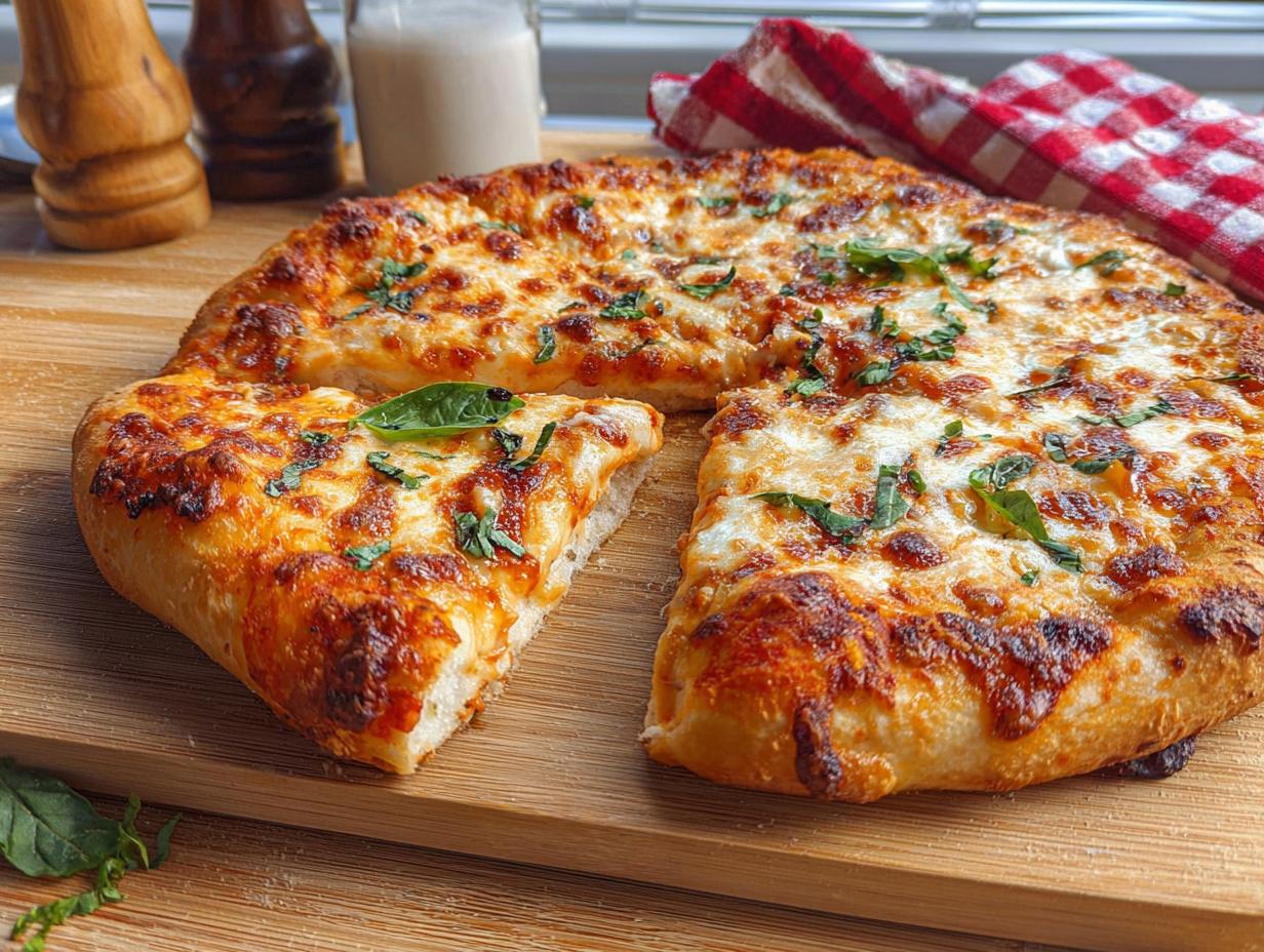 A delicious restaurant-style pizza, topped with melted cheese and fresh basil, ready for pizza night at home.