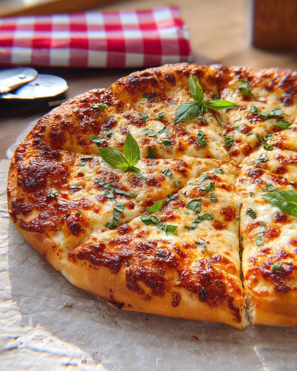 A freshly baked cheese pizza, sliced and garnished with basil, perfect for Restaurant-Style Pizza Night Recipes at Home.