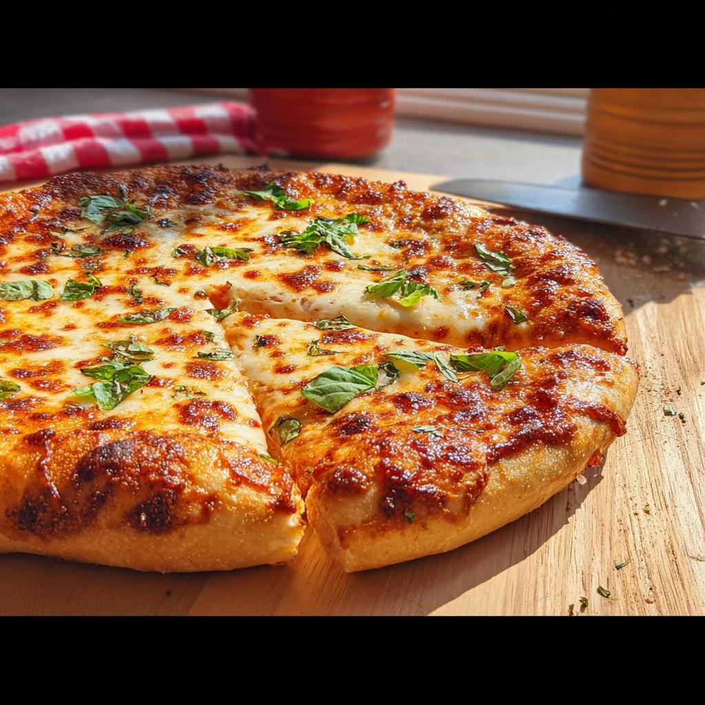 Close-up of a freshly baked Margherita pizza with melted cheese and basil, perfect for Restaurant-Style Pizza Night Recipes at Home.