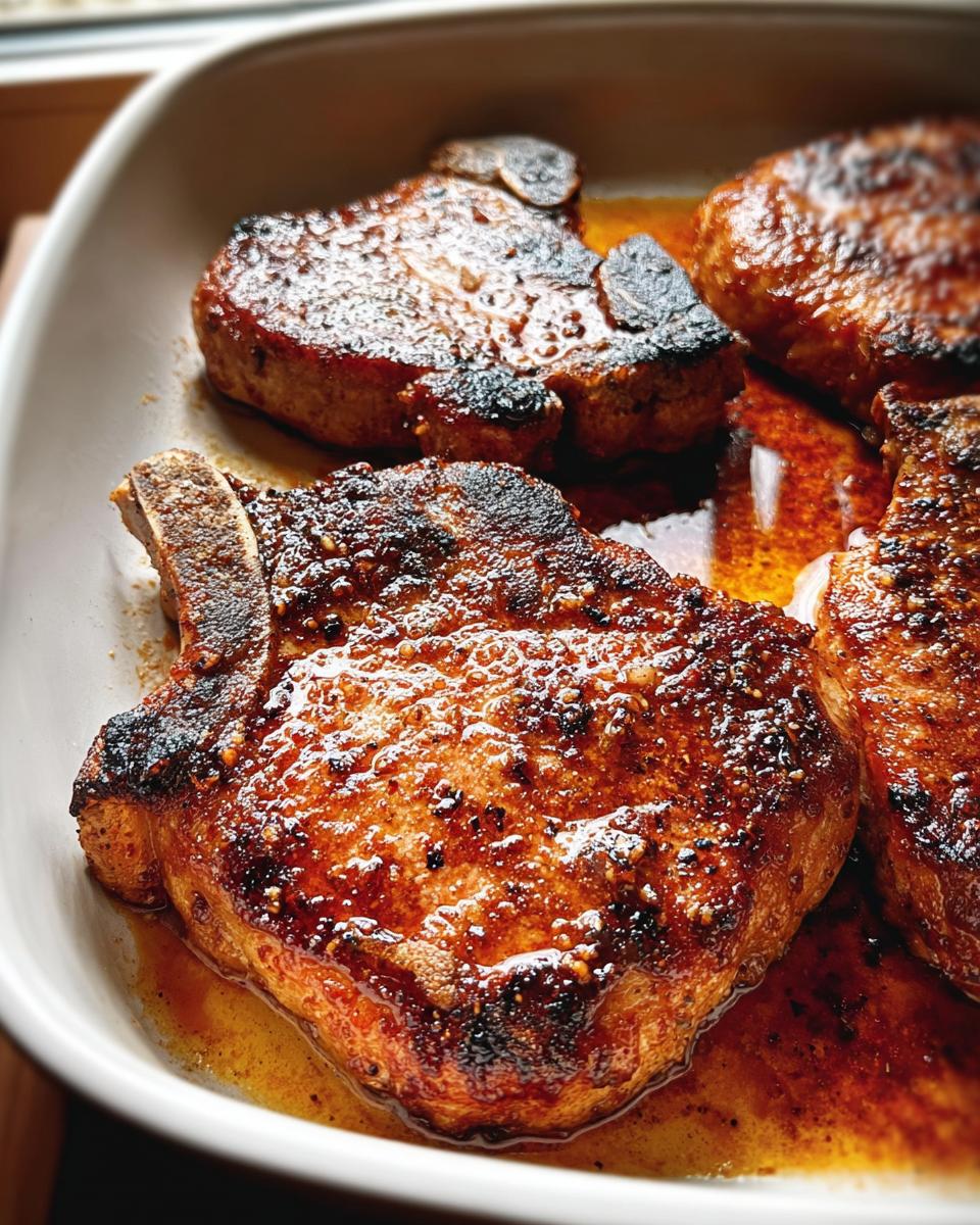Close-up of juicy, pan-seared restaurant-style pork chops in a white dish with pan juices.