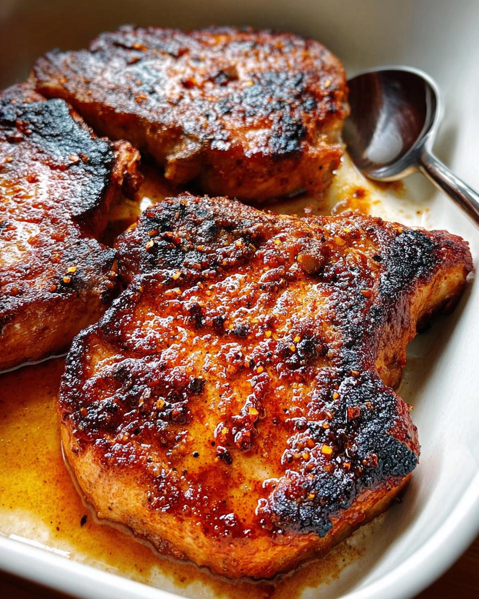 Close-up of perfectly seared restaurant-style pork chops with a flavorful spice rub, ready to be served.