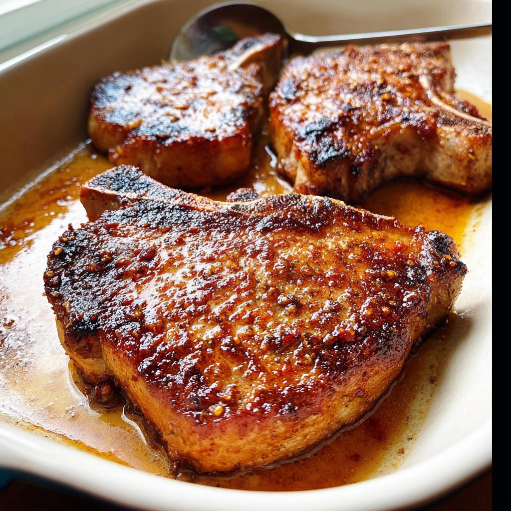Three juicy, pan-seared restaurant-style pork chops in a dish with savory sauce.