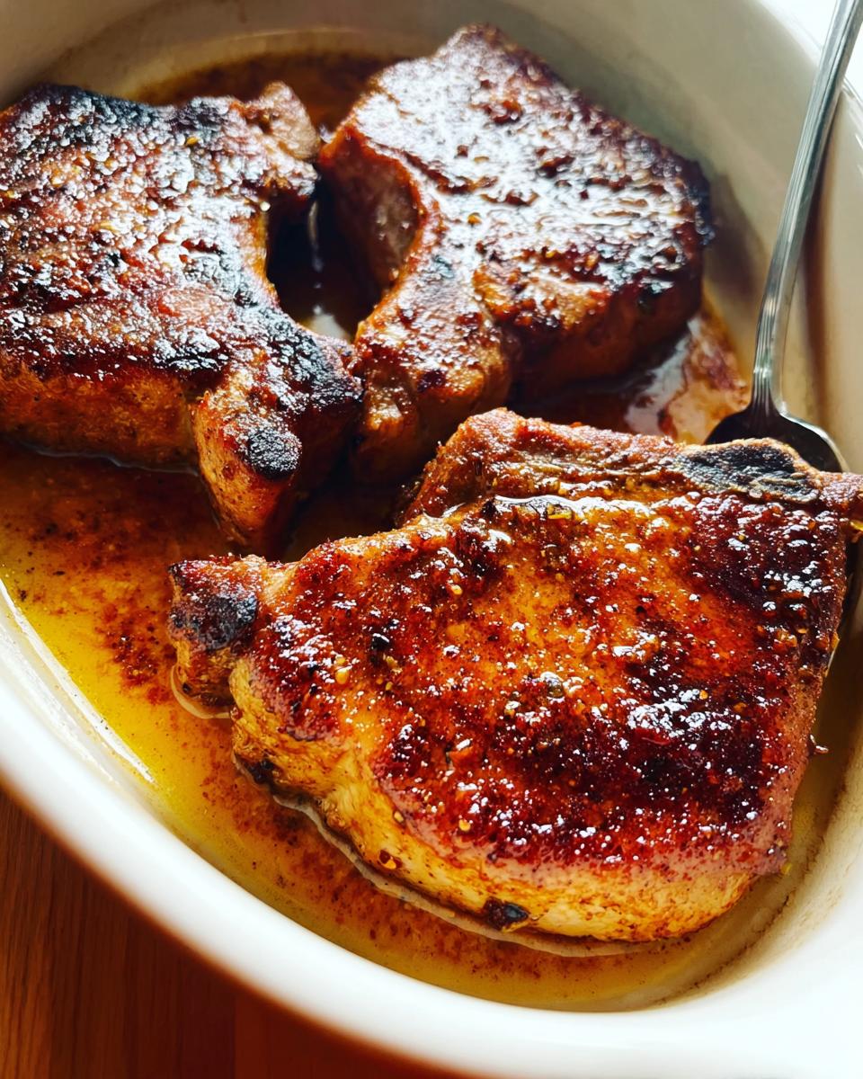 Three juicy restaurant-style pork chops cooked in a flavorful sauce, ready to be served at home.