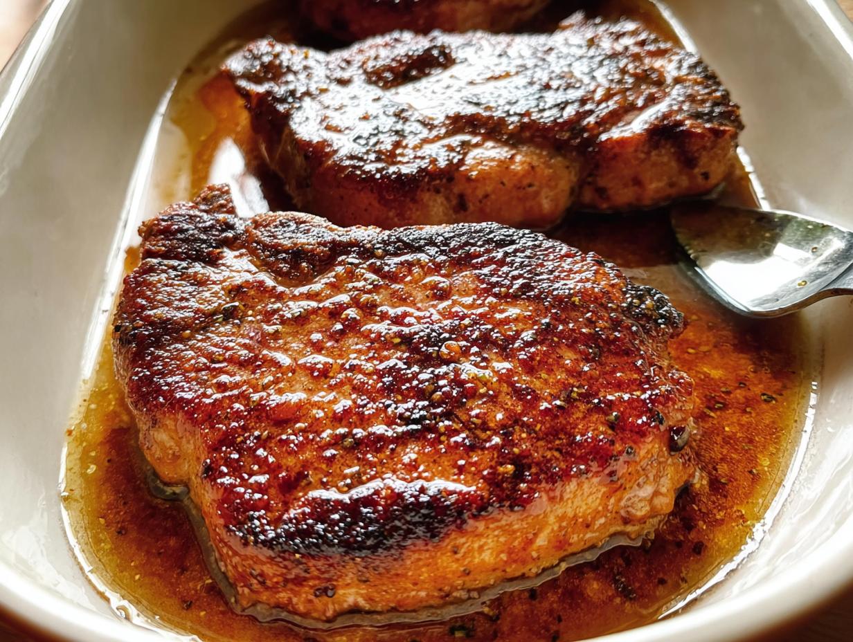 Close-up of juicy, pan-seared restaurant-style pork chops in a savory sauce, perfect for home cooking.