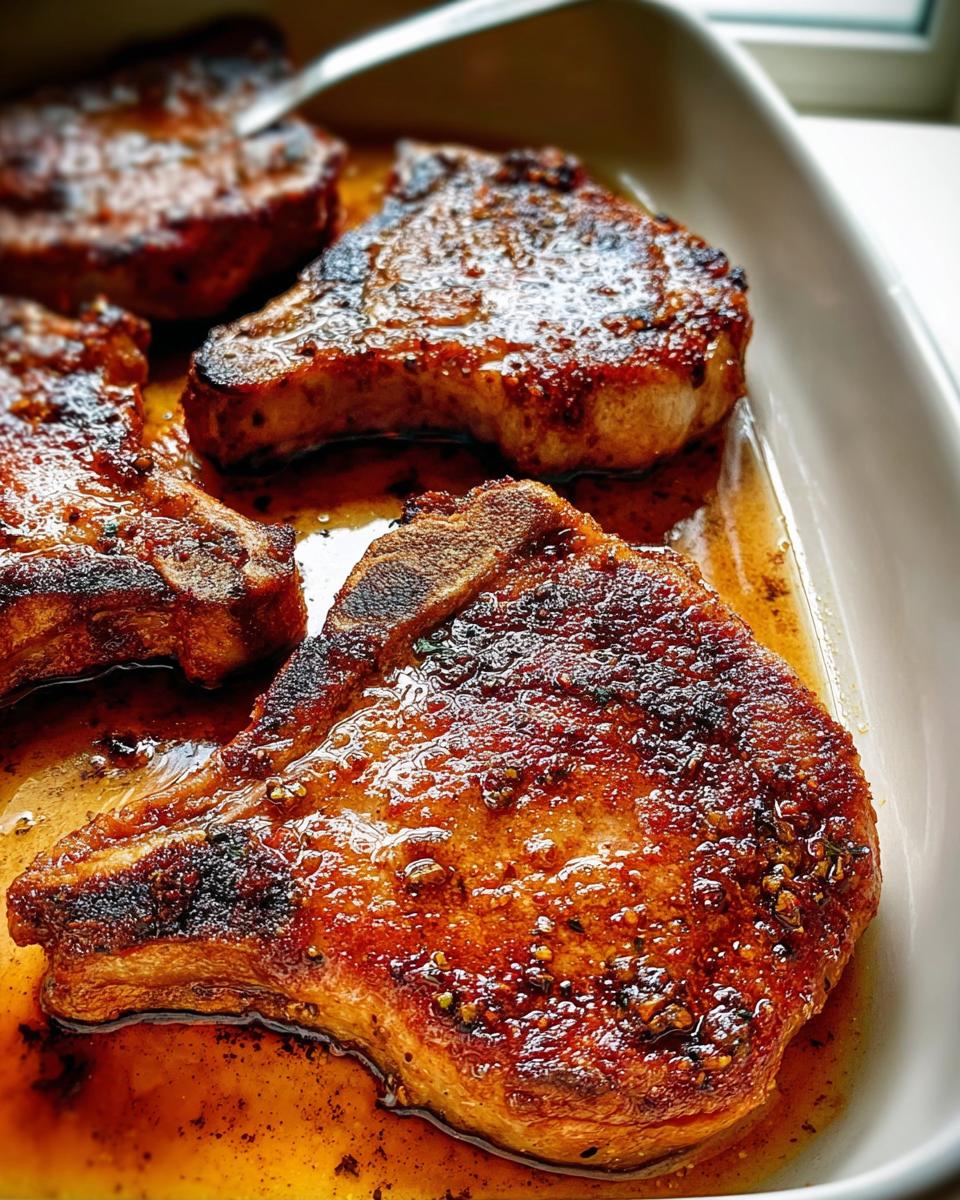 Close-up of juicy, pan-seared restaurant-style pork chops in a white dish, glistening with sauce.