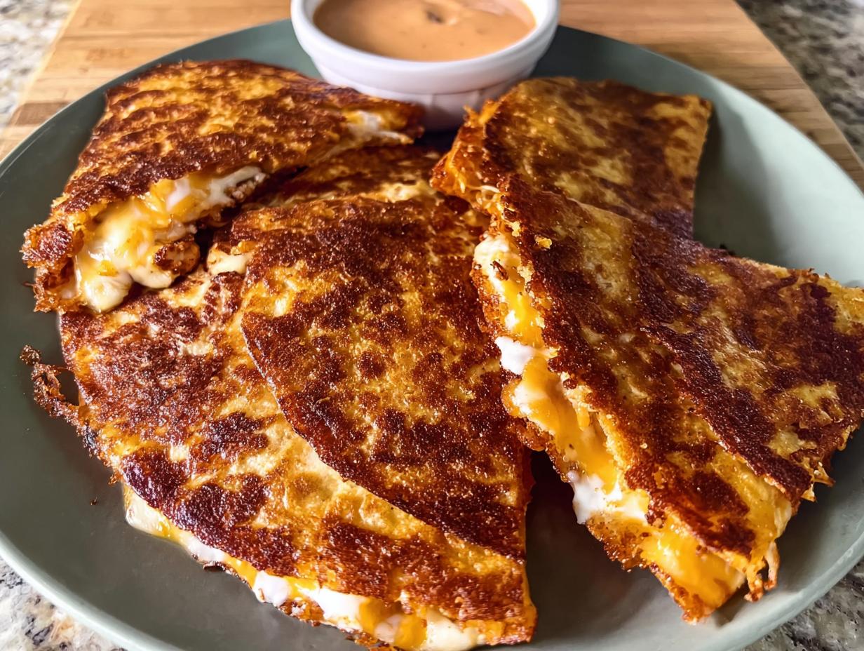 Golden-brown quesadillas filled with melted cheese, served with a side of dipping sauce, perfect for Taco Tuesday.
