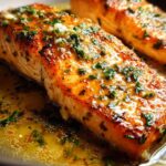 Close-up of two perfectly cooked salmon fillets, glistening with a garlic herb butter sauce, a key element in restaurant-style salmon recipes at home.