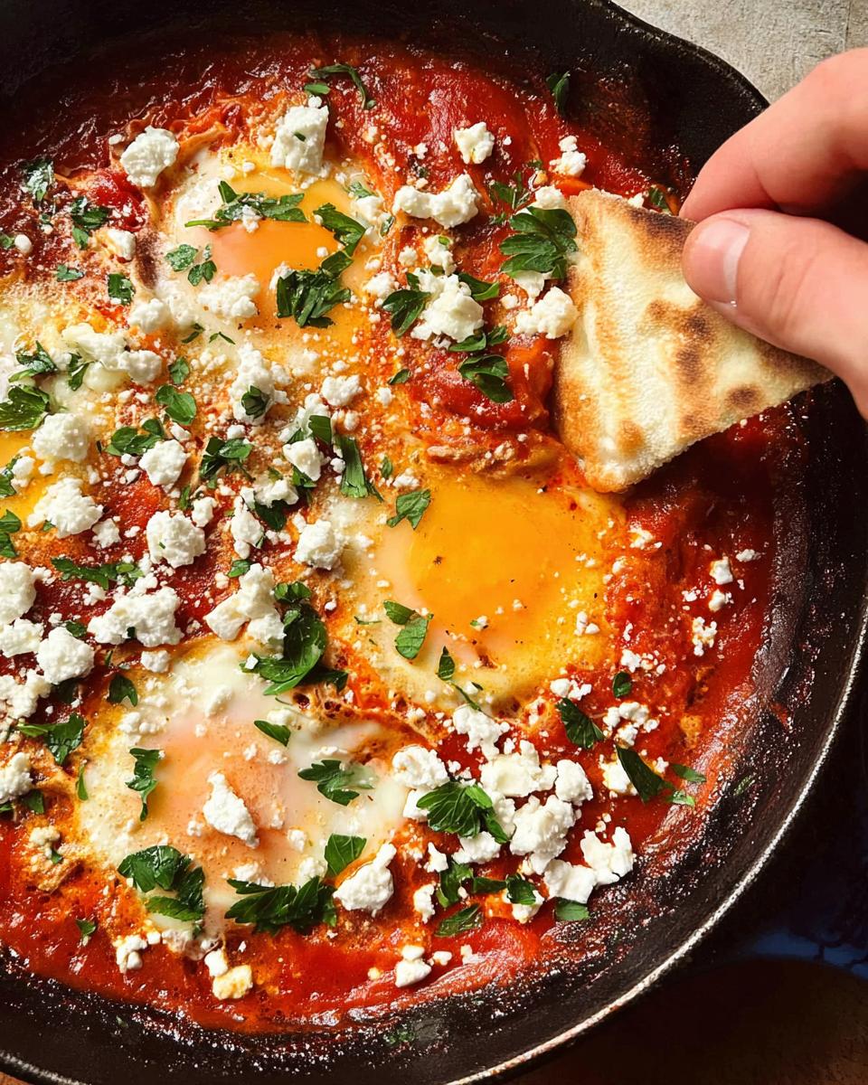 A hand dips pita bread into a skillet of restaurant-style shakshuka, featuring eggs poached in a rich tomato sauce with feta and parsley.