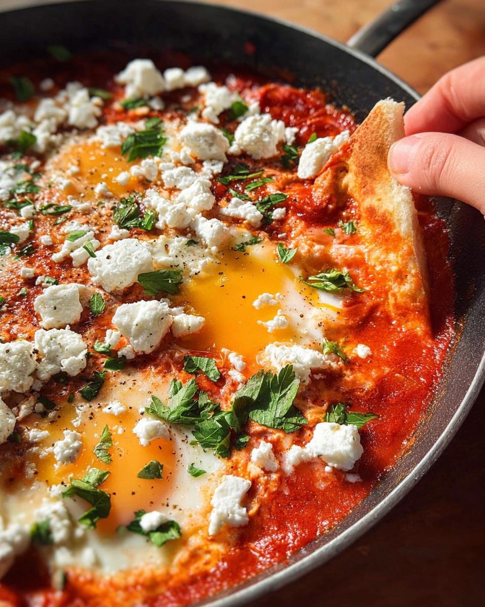 A hand dips bread into a pan of restaurant-style shakshuka, a dish with eggs poached in tomato sauce and topped with feta cheese.