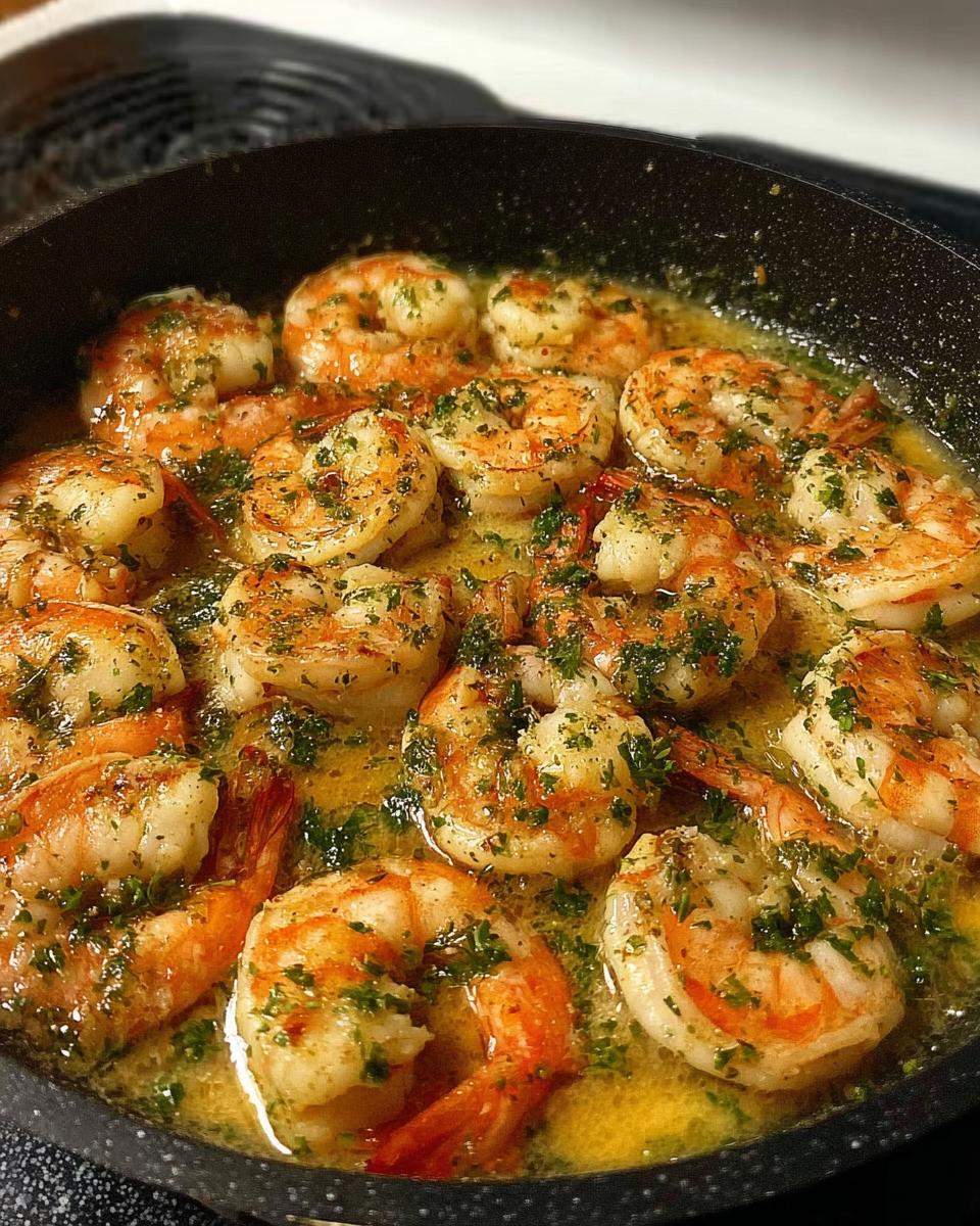 Close-up of juicy, perfectly cooked shrimp in a garlic butter sauce with parsley, part of Restaurant-Style Shrimp Recipes at Home.