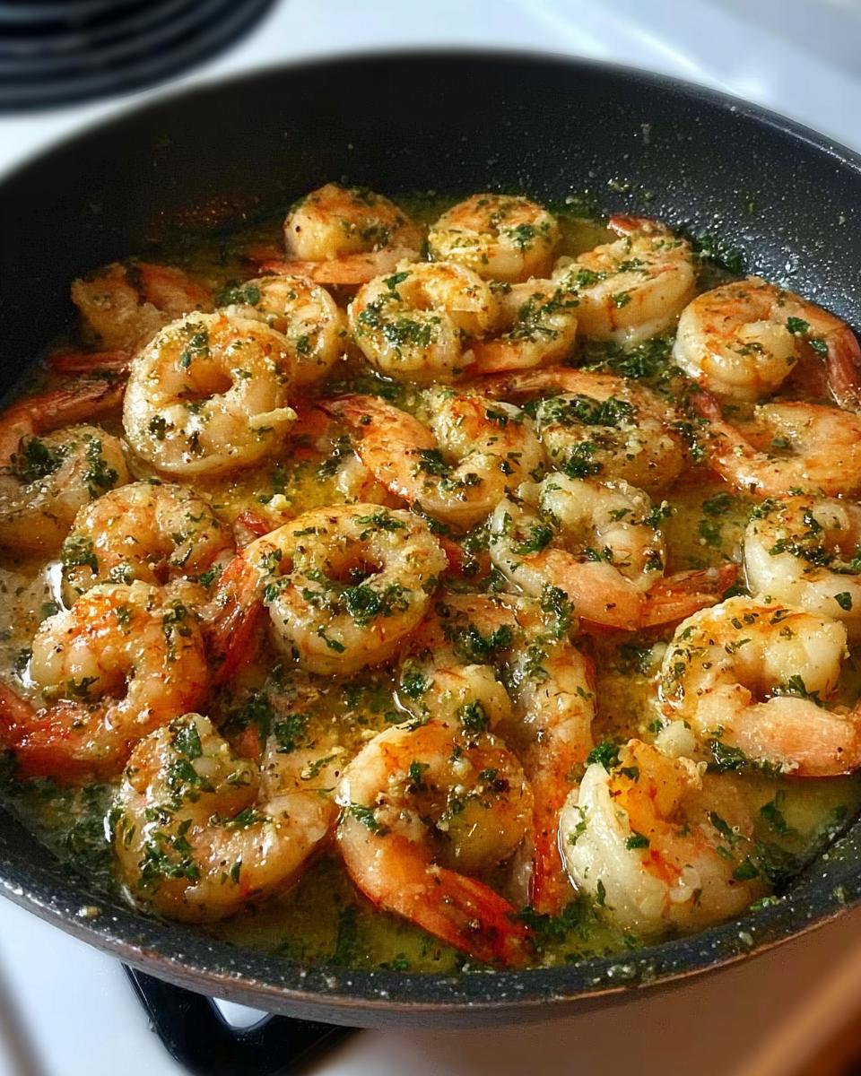 Close-up of juicy, pan-seared shrimp cooked in garlic butter sauce with parsley, a perfect restaurant-style shrimp recipe.