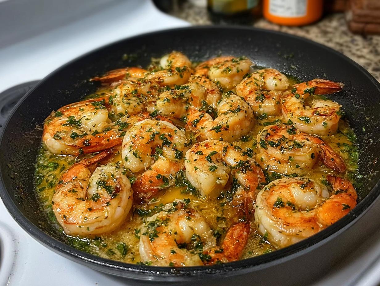 Close-up of juicy, pan-seared shrimp cooked in garlic butter sauce with parsley, a perfect example of restaurant-style shrimp recipes at home.