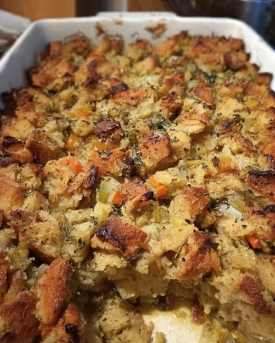 Close-up of a baking dish filled with golden-brown, fluffy restaurant-style stuffing with visible herbs and vegetables.