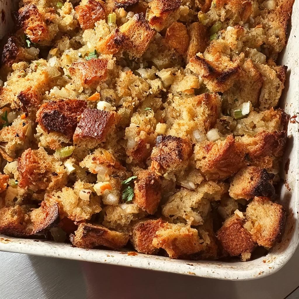 Close-up of a baking dish filled with golden-brown, crispy bread cubes and visible pieces of celery and onion, showcasing a restaurant-style stuffing recipe.