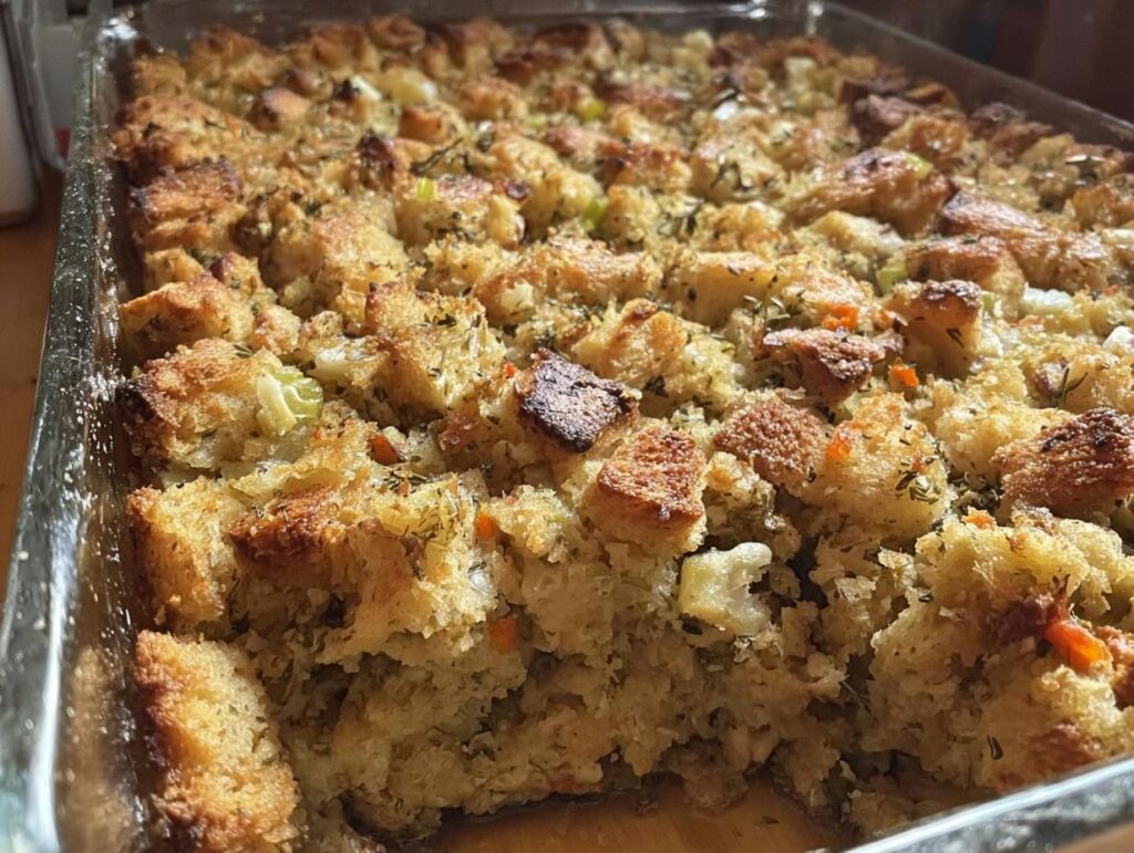 Close-up of a freshly baked pan of restaurant-style stuffing, featuring golden-brown bread cubes, herbs, and vegetables.