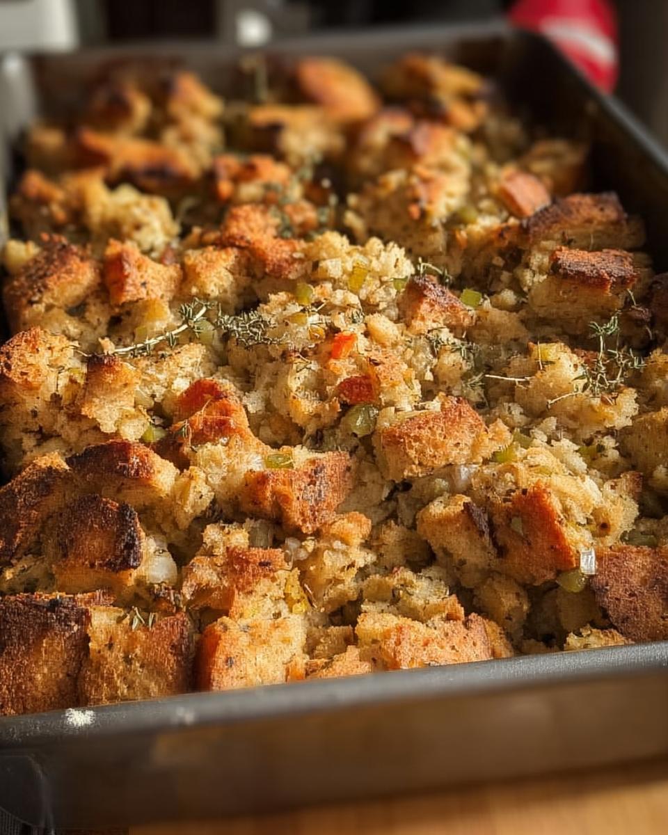 Close-up of a baking dish filled with golden-brown, fluffy restaurant-style stuffing, garnished with fresh herbs.