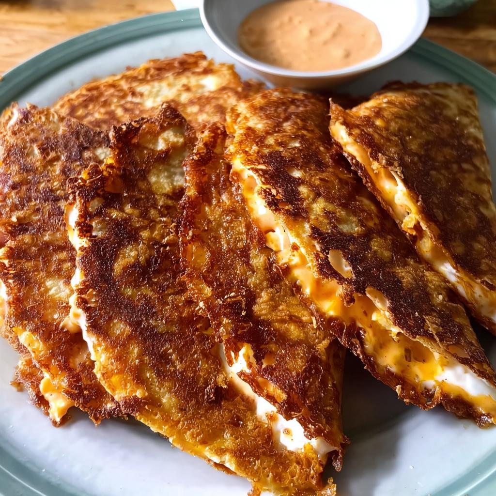 Golden-brown crispy quesadillas filled with melted cheese, served on a plate with a side of dipping sauce for Taco Tuesday recipes.