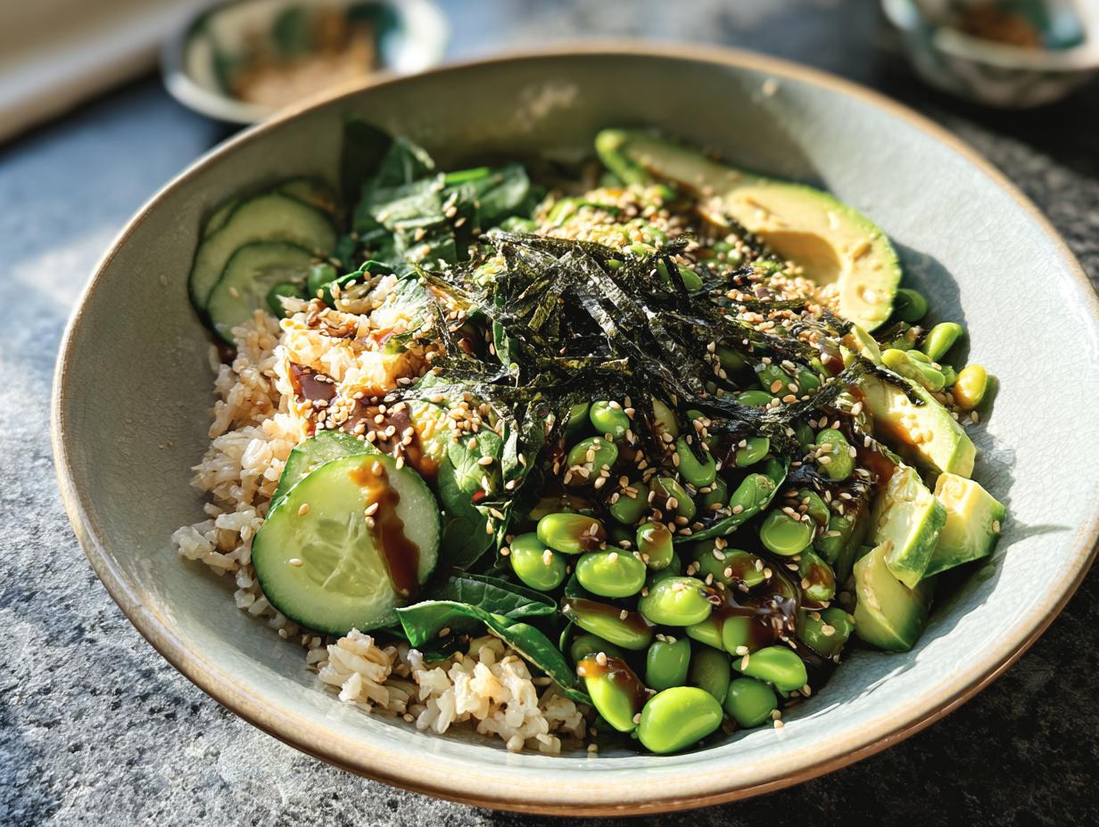 A vibrant and healthy rice bowl with brown rice, edamame, avocado, cucumber, spinach, and nori, drizzled with sauce.