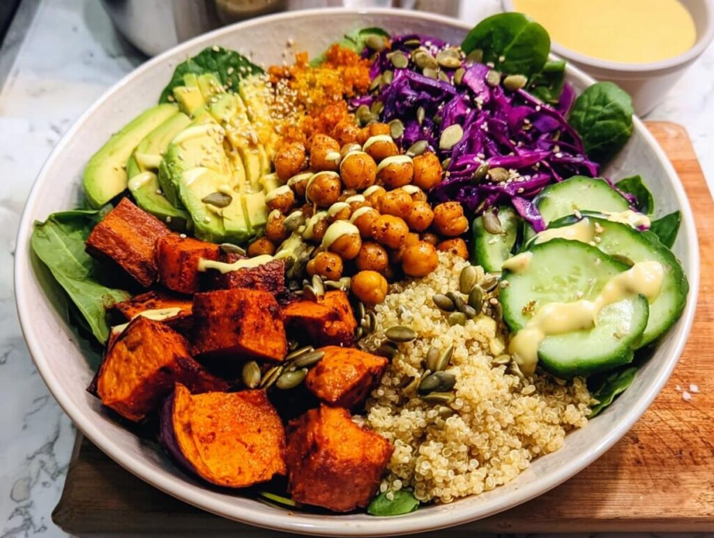 A vibrant and healthy rice bowl recipe featuring quinoa, roasted sweet potatoes, avocado, chickpeas, cucumber, and red cabbage.