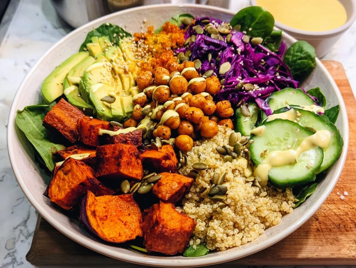 A vibrant and healthy rice bowl recipe featuring quinoa, roasted sweet potatoes, avocado, chickpeas, cucumber, and red cabbage.