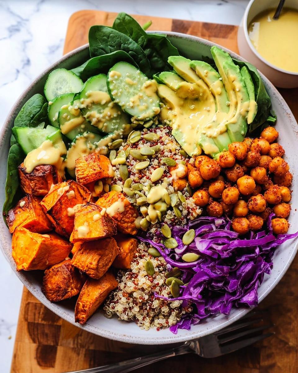 A vibrant and healthy rice bowl recipe featuring quinoa, roasted sweet potatoes, chickpeas, avocado, cucumber, spinach, and red cabbage.