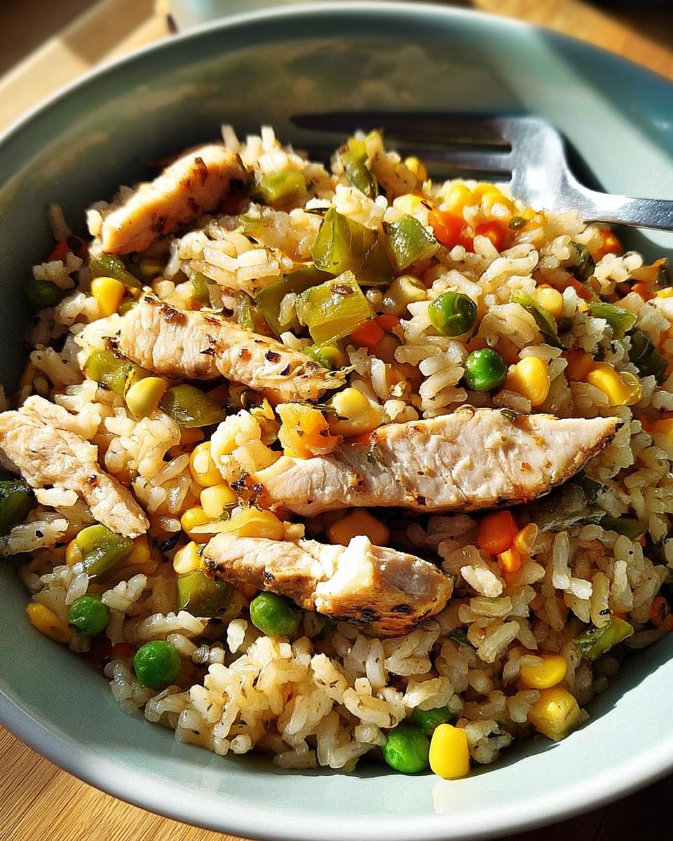 Close-up of a bowl of rice bowls recipe with grilled chicken, peas, corn, and peppers.