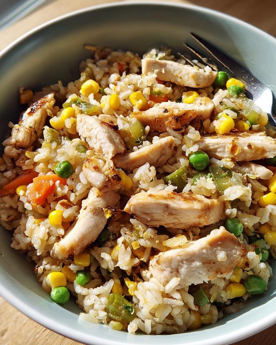 Close-up of a rice bowls recipe with grilled chicken, corn, peas, and carrots.
