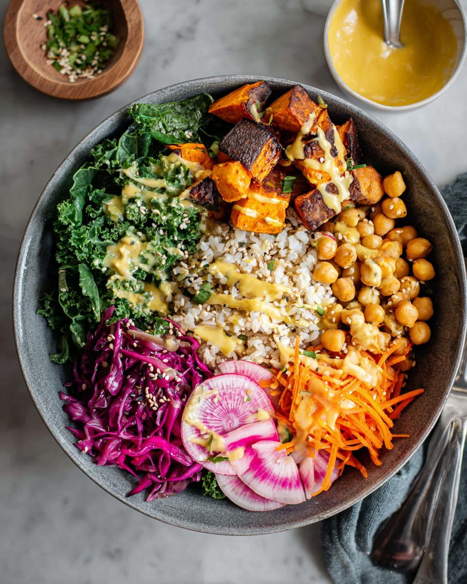 A vibrant and healthy rice bowl recipe featuring kale, roasted sweet potatoes, chickpeas, shredded carrots, red cabbage, and radish.