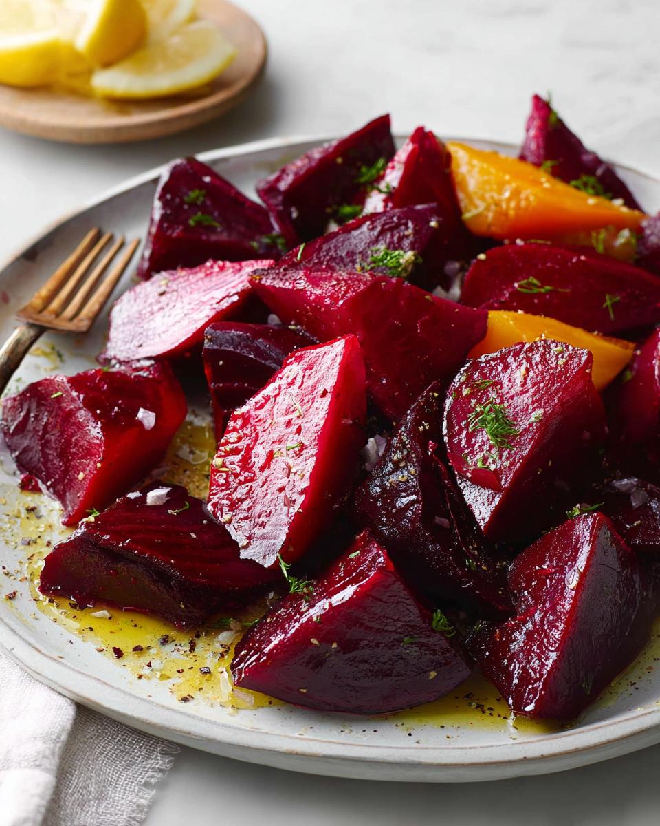 A close-up of a plate filled with roasted beet wedges, some red and some golden, drizzled with olive oil and sprinkled with herbs.