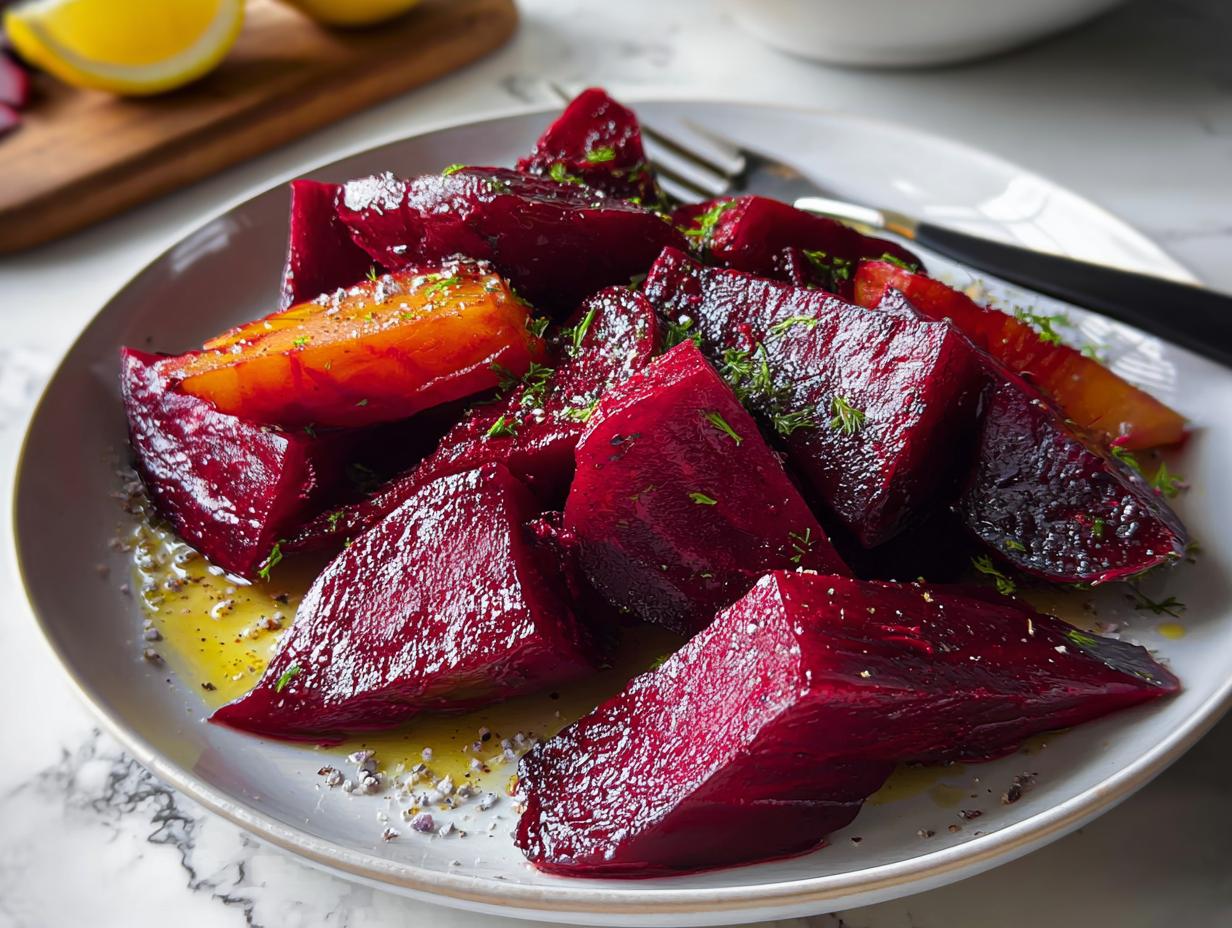 A plate of roasted beet wedges, drizzled with olive oil and sprinkled with herbs, as a delicious veggie side dish.
