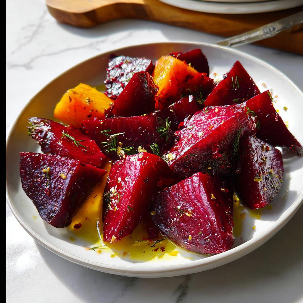 A vibrant plate of roasted beet veggie sides, glistening with olive oil and herbs.