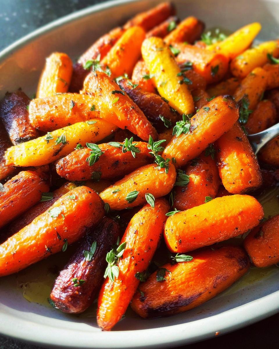 Close-up of roasted baby carrots, glistening with olive oil and sprinkled with fresh herbs, a perfect veggie side recipe.