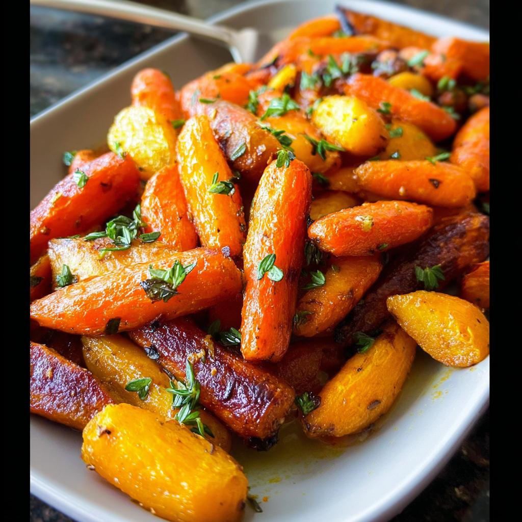 Close-up of glazed roasted carrots, a delicious veggie sides meal prep option, garnished with fresh herbs.