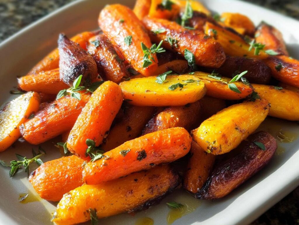 Close-up of roasted baby carrots, glistening with oil and herbs, showcasing their vibrant orange and yellow hues.