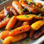 Close-up of roasted baby carrots, glistening with oil and herbs, showcasing their vibrant orange and yellow hues.