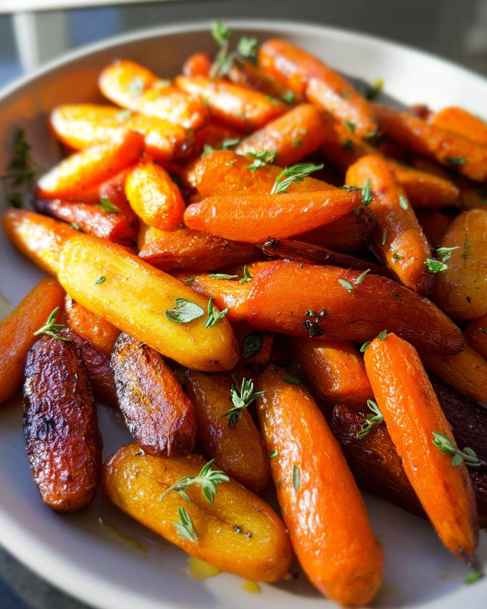 Close-up of roasted baby carrots, glazed and seasoned with fresh herbs, perfect for veggie sides recipes.