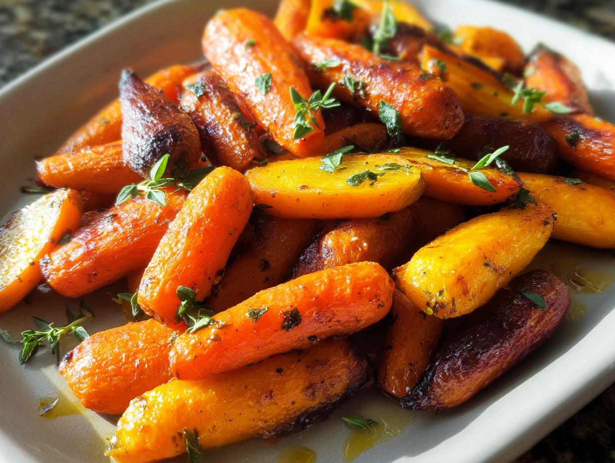 Close-up of roasted baby carrots, glistening with oil and herbs, showcasing their vibrant orange and yellow hues.