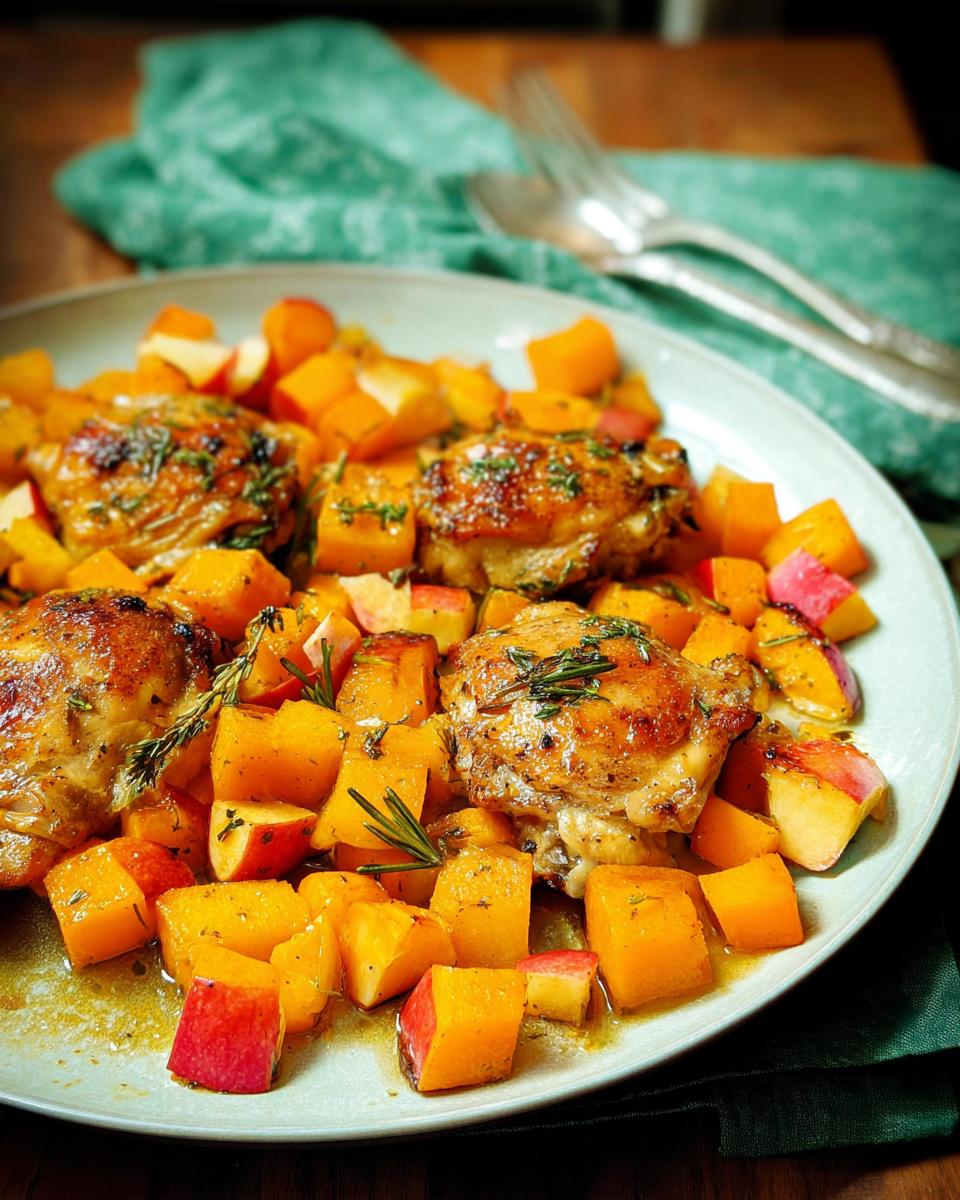 Close-up of golden-brown roasted chicken thighs served with diced butternut squash and apple, garnished with rosemary.