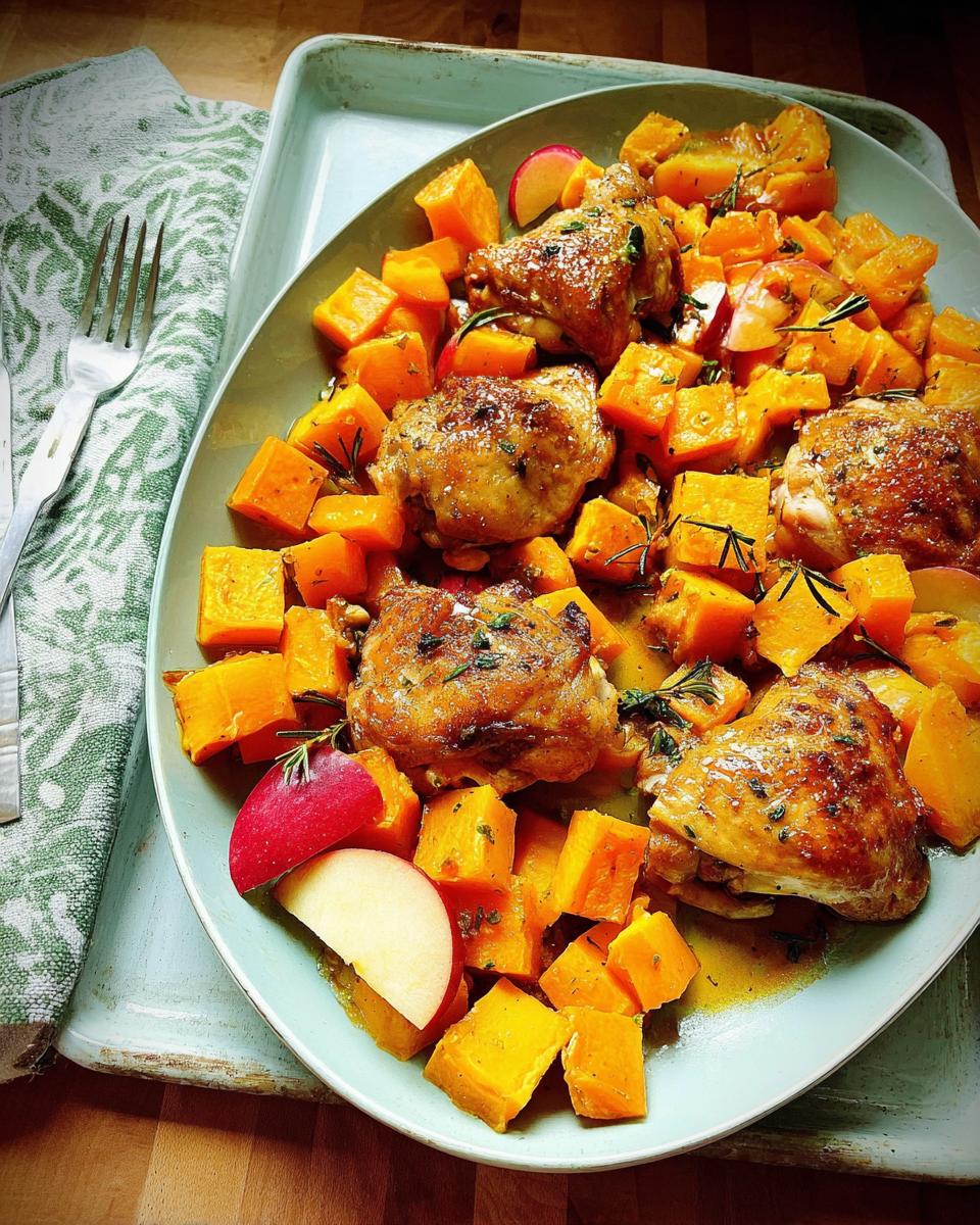A platter of golden-brown roasted chicken thighs served with diced butternut squash and apple slices, garnished with rosemary.