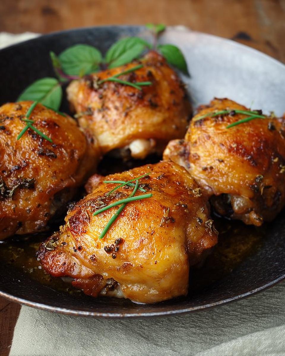 Close-up of perfectly roasted chicken thighs with crispy skin, seasoned with herbs, a top choice for chicken thigh recipes.