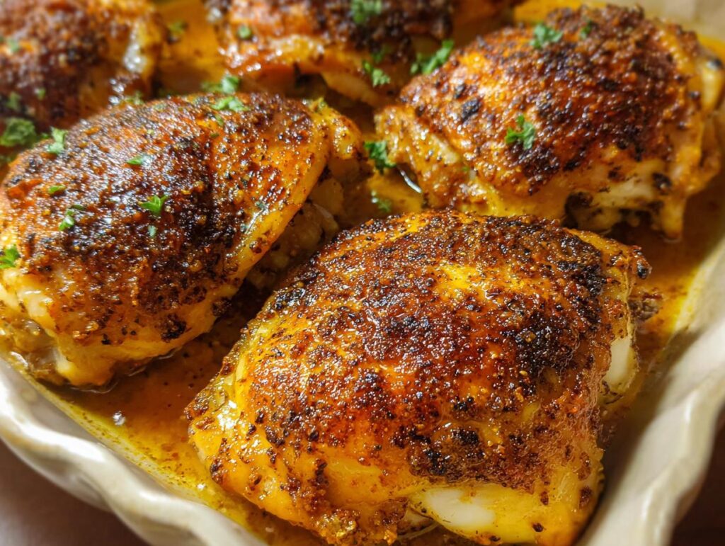 Close-up of juicy, roasted chicken thighs with crispy skin, seasoned with spices and herbs.