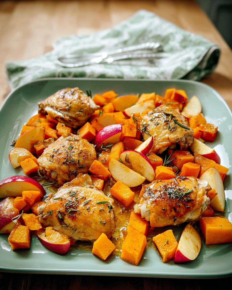 A close-up of roasted chicken thighs served with cubes of butternut squash and apple slices, seasoned with herbs.