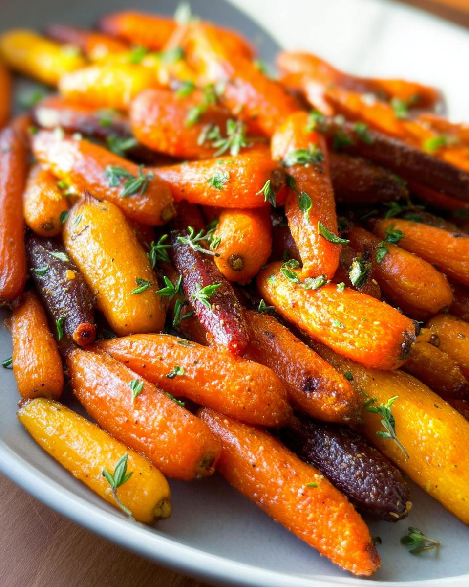Close-up of roasted rainbow carrots, seasoned and garnished with fresh thyme, perfect for veggie sides recipes meal prep.