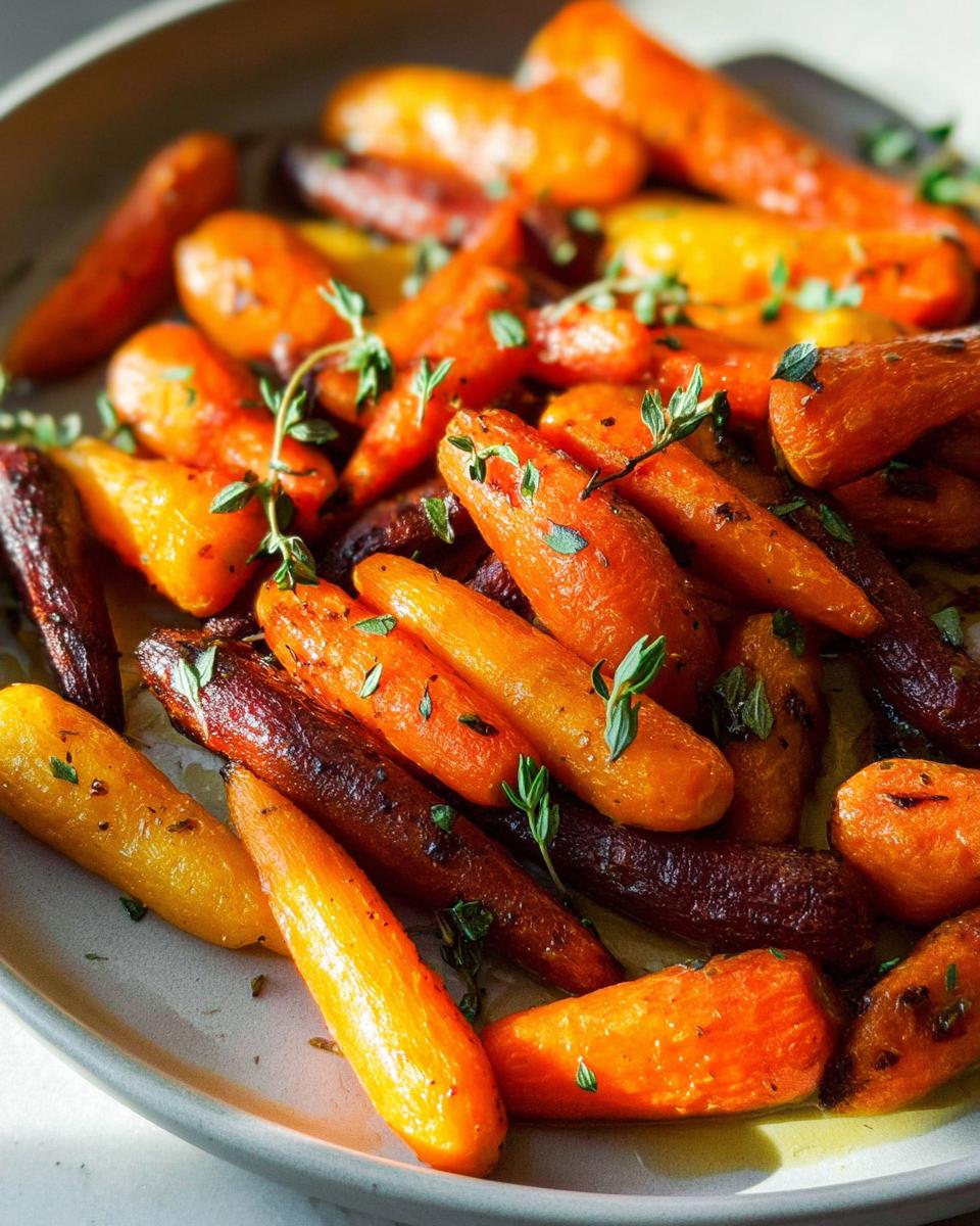 Close-up of roasted rainbow carrots with fresh thyme, a perfect addition to veggie sides recipes.
