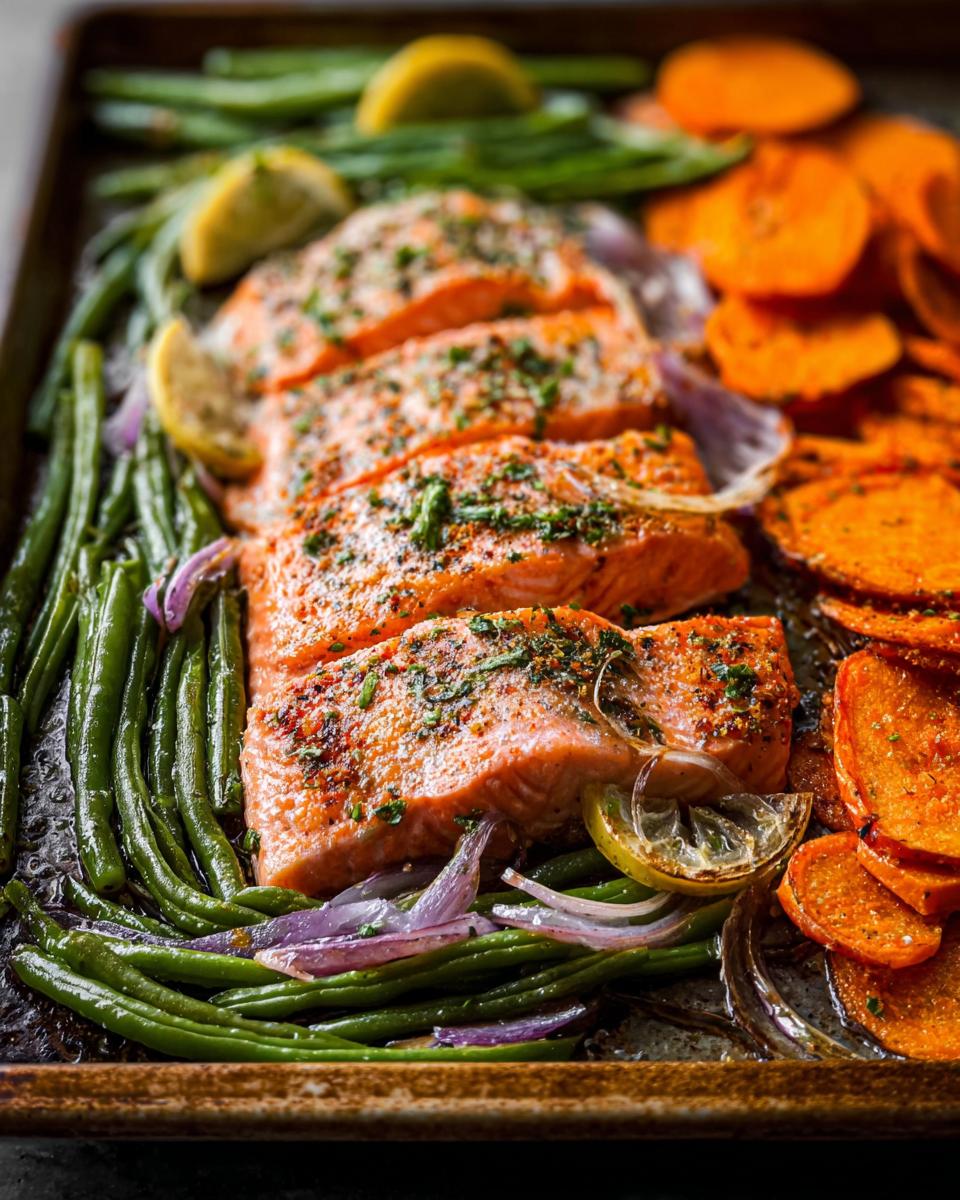 Four perfectly cooked salmon fillets on a baking sheet with roasted sweet potato slices, green beans, red onion, and lemon wedges.
