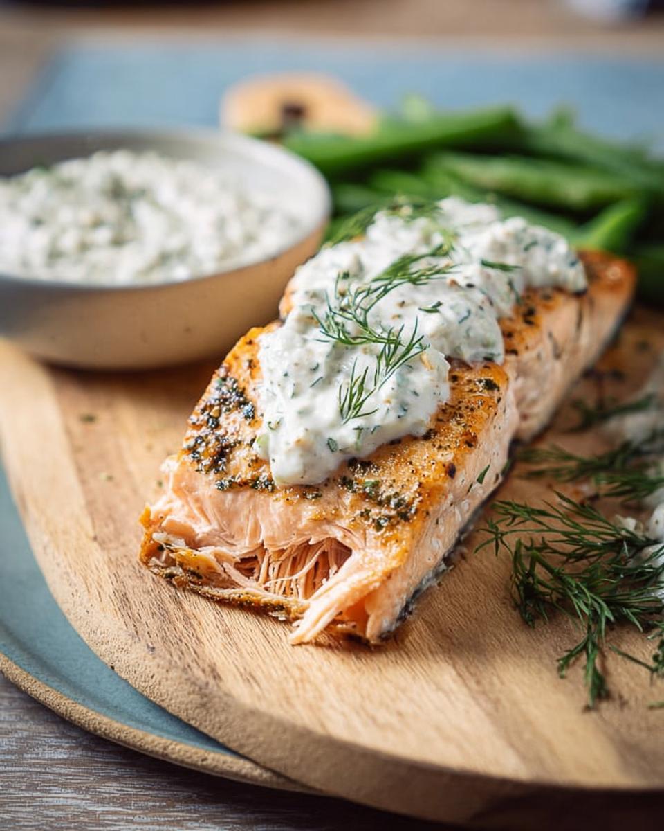 A perfectly cooked salmon fillet topped with creamy dill sauce and fresh dill sprigs, served with green beans.